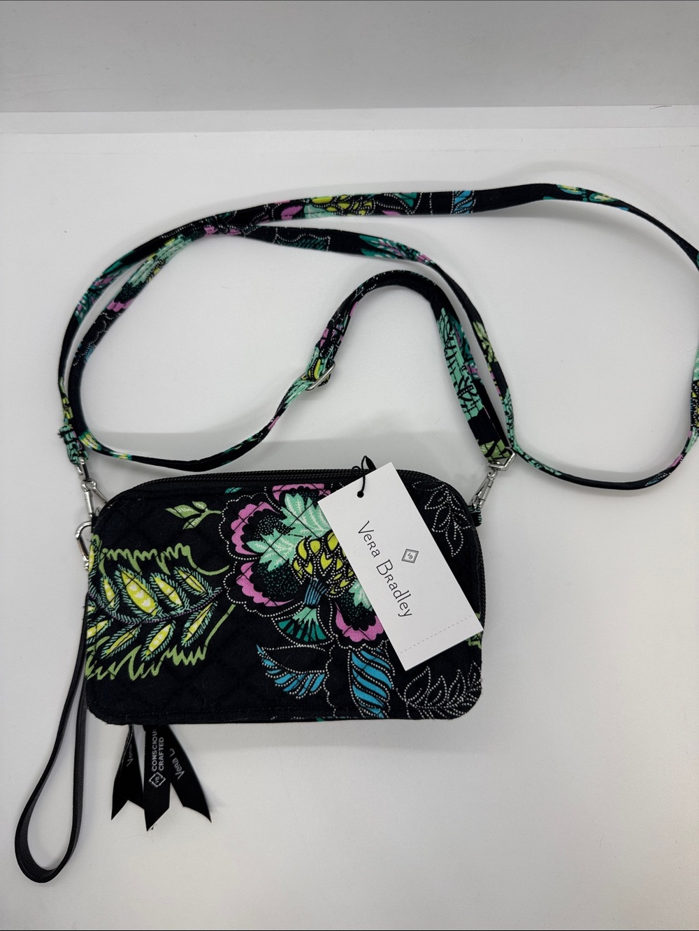 Vera Bradley Black Floral Convertible Crossbody Wallet with Teal & Pink Accents